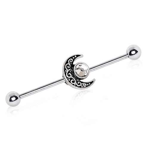 Tribal Moon and CZ Crystal Sun Industrial Barbell - Stainless Steel