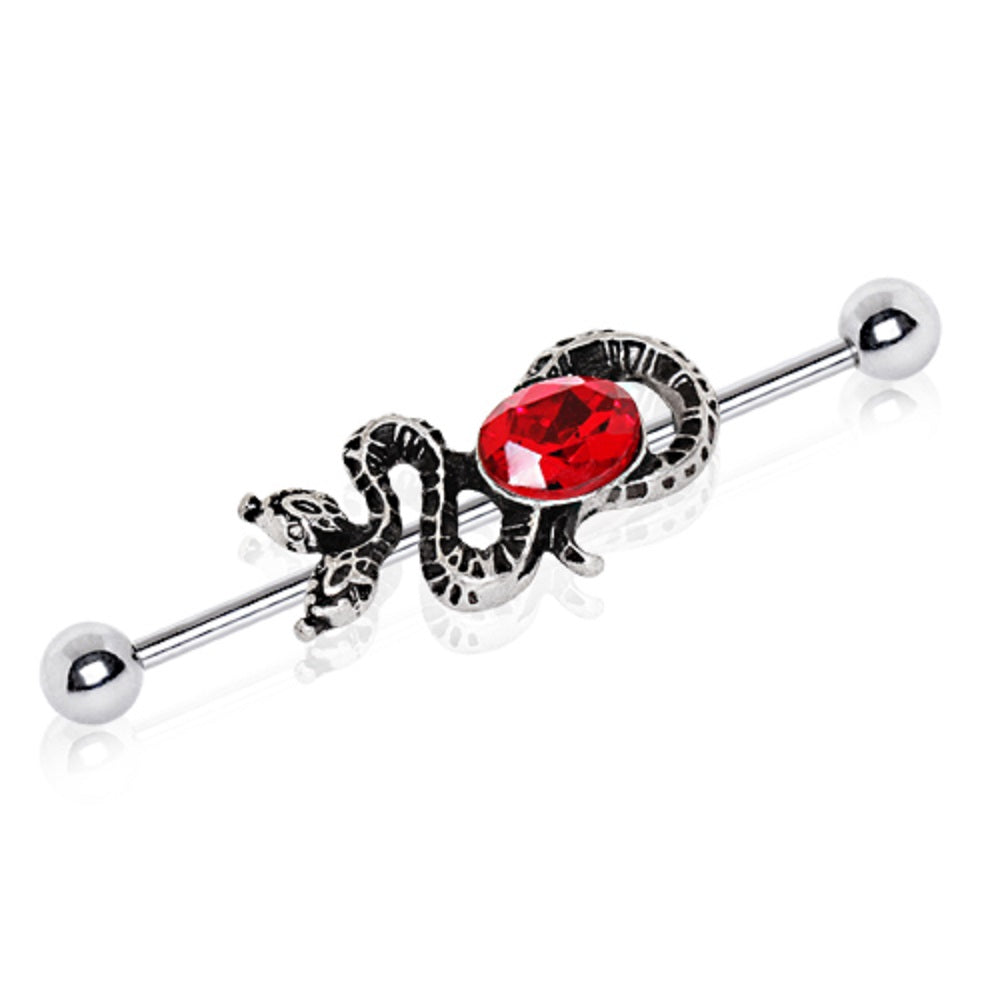 Two-Headed Snake with Ruby Red CZ Industrial Cartilage Barbell - 316L Stainless Steel