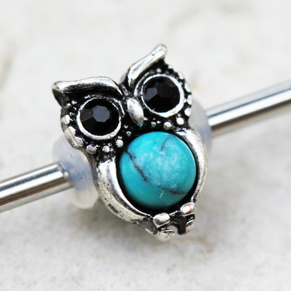 Turquoise Bead Owl Industrial Barbell - 316L Stainless Steel