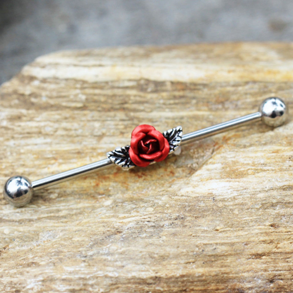 Red Rose with Leaves Industrial Barbell - 316L Surgical Steel