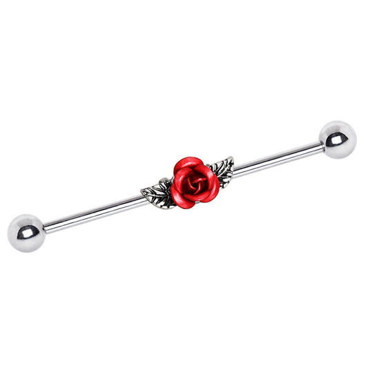 Red Rose with Leaves Industrial Barbell - 316L Surgical Steel