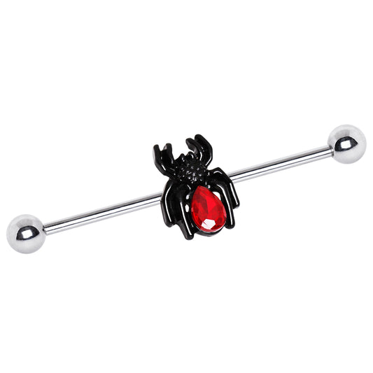 Black Spider with Red CZ Crystal Industrial Barbell - Stainless Steel