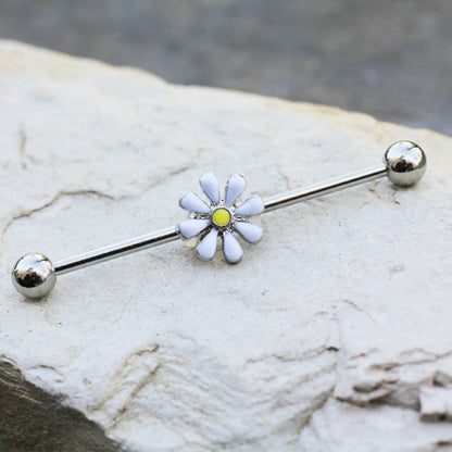 White Daisy Industrial Barbell - 316L Stainless Steel