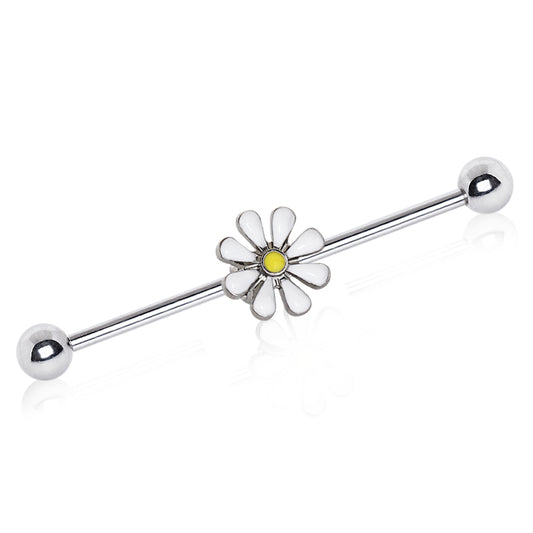 White Daisy Industrial Barbell - 316L Stainless Steel