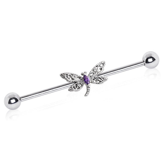 Ornate Crystal Dragonfly Industrial Barbell - 316L Stainless Steel