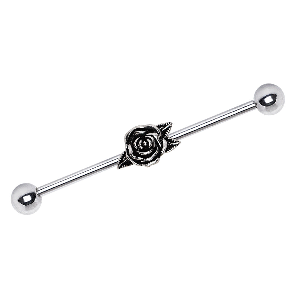 Antique Rose Flower with Leaves Industrial Barbell  - Stainless Steel