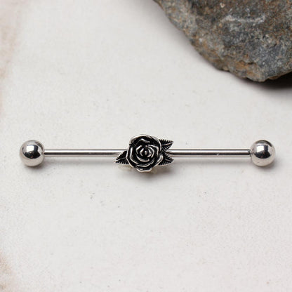 Antique Rose Flower with Leaves Industrial Barbell  - Stainless Steel