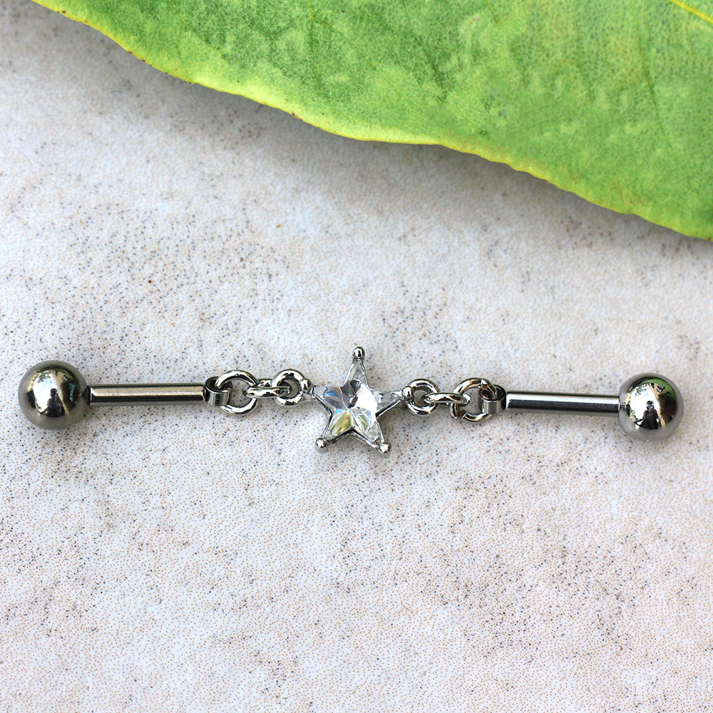 CZ Crystal Star Connecting Chain Industrial Barbell - 316L Stainless Steel