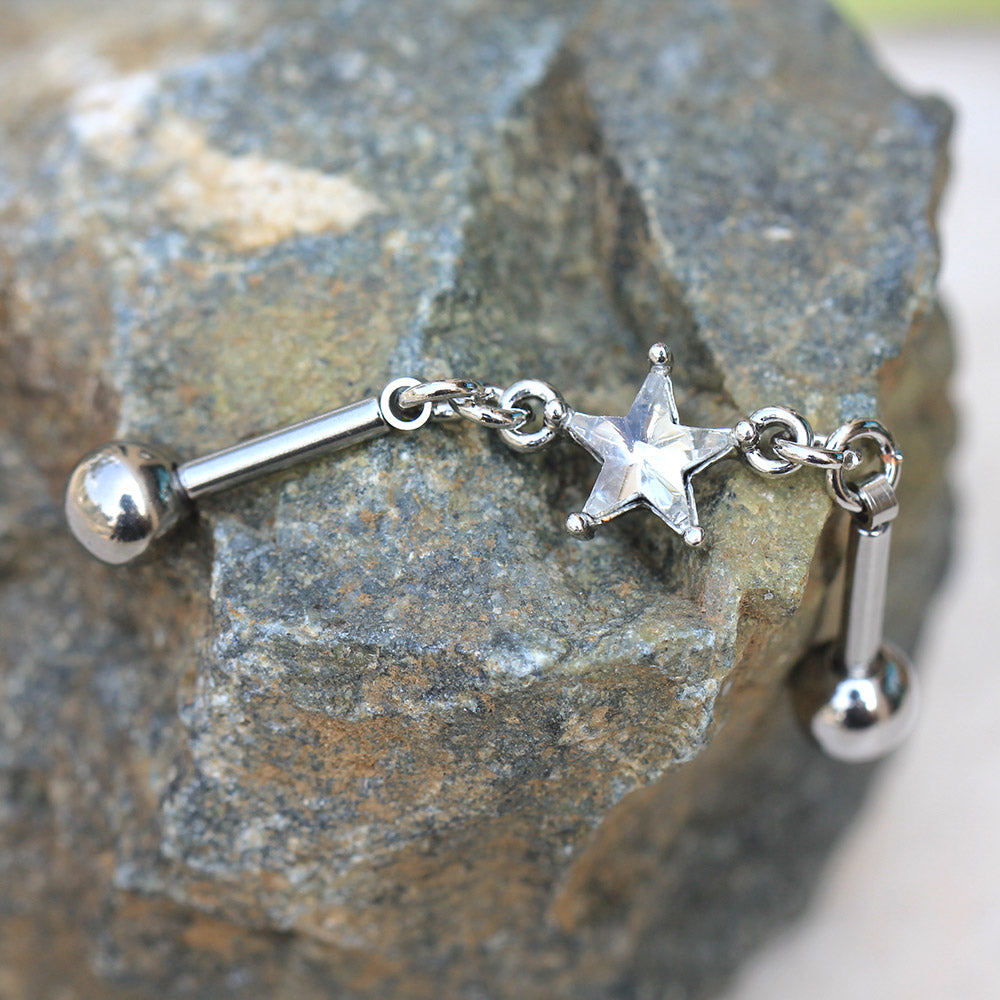 CZ Crystal Star Connecting Chain Industrial Barbell - 316L Stainless Steel