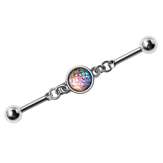 Rainbow Mermaid Scales Cabochon Chain Industrial Cartilage Barbell - 316L Stainless Steel