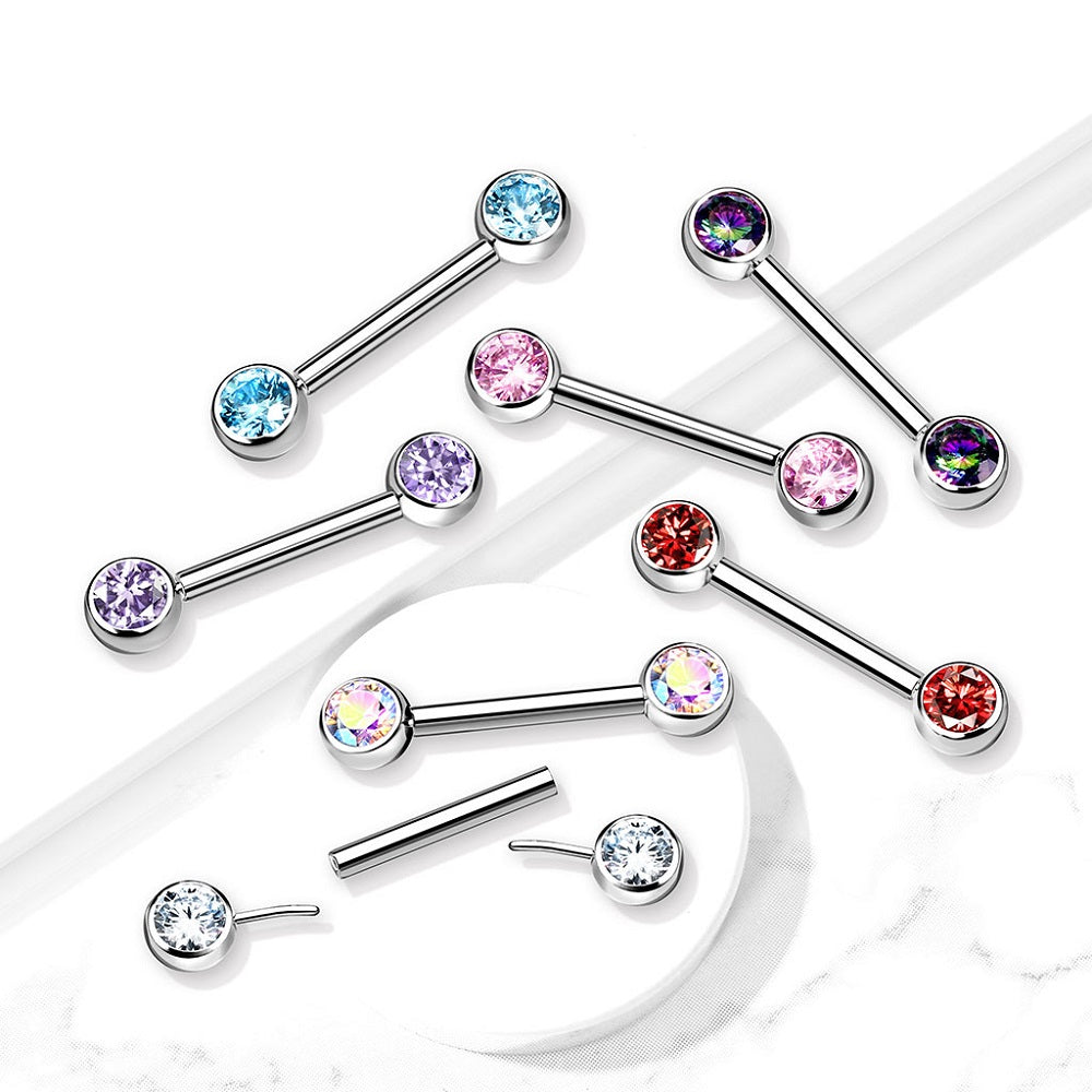 Threadless Push-in Bezel Set CZ Crystal Nipple Barbells - G23 Implant Grade Titanium - Pair