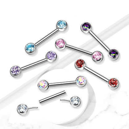 Threadless Push-in Bezel Set CZ Crystal Nipple Barbells - G23 Implant Grade Titanium - Pair