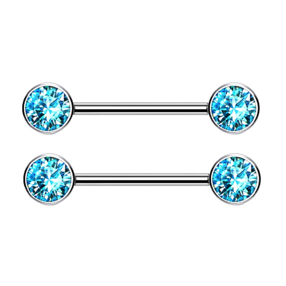 Threadless Push-in Bezel Set CZ Crystal Nipple Barbells - G23 Implant Grade Titanium - Pair