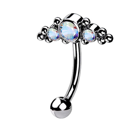 Threadless CZ Crystal and Ball Clusters Eyebrow Curved Barbell - G23 Implant Grade Titanium