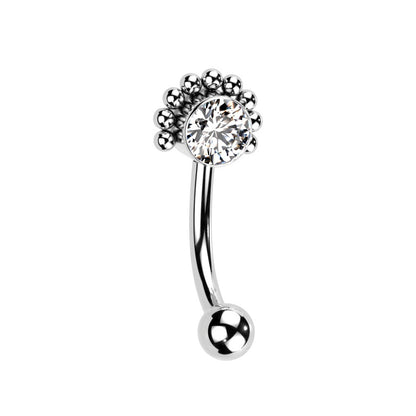 Threadless CZ Crystal with Ball Edge Eyebrow Curved Barbell - F136 Implant Grade Titanium