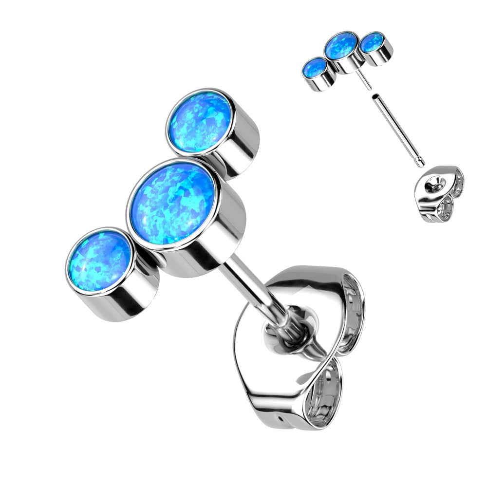 Threadless Push In Triple Round Synthetic Opal Curve Top Stud Earring - F136 Implant Grade Titanium