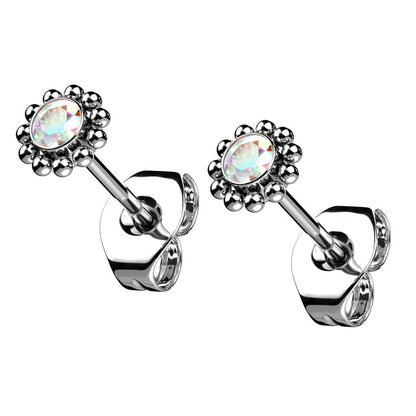 Threadless Round CZ Crystal with Balls Outside Stud Earrings - G23 Implant Grade Titanium - Pair