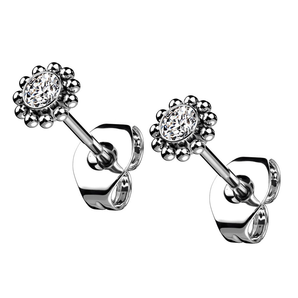 Threadless Round CZ Crystal with Balls Outside Stud Earrings - G23 Implant Grade Titanium - Pair