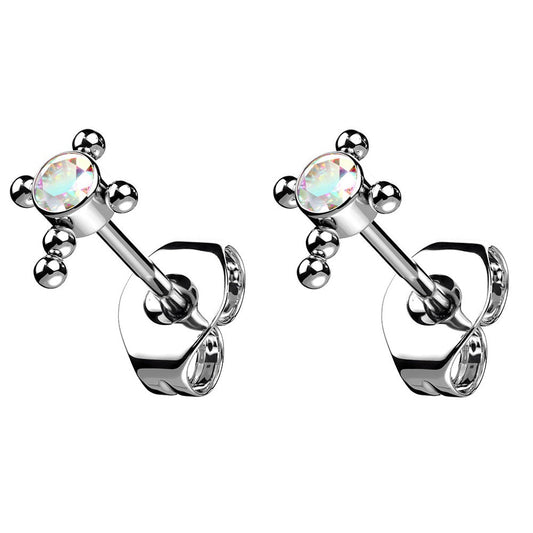 Threadless CZ Crystal Centered Ball Cross Threadless Stud Earrings - G23 Implant Grade Titanium