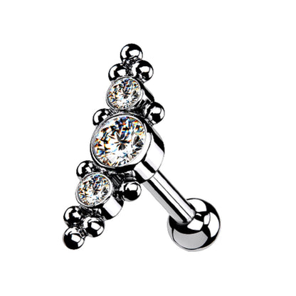 Threadless Push-in Triple CZ Crystal and Ball Clusters Barbell Stud - G23 Implant Grade Titanium