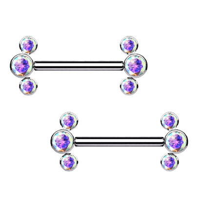 Threadless Push-in Triple CZ Crystal Ends Nipple Barbells - G23 Implant Grade Titanium - Pair