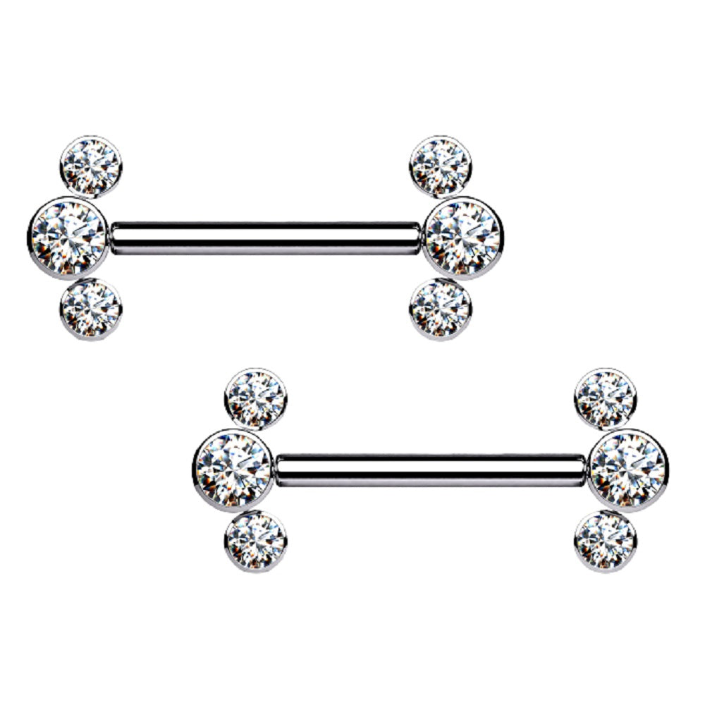 Threadless Push-in Triple CZ Crystal Ends Nipple Barbells - G23 Implant Grade Titanium - Pair