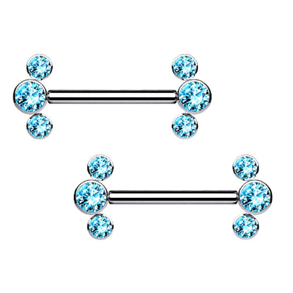 Threadless Push-in Triple CZ Crystal Ends Nipple Barbells - G23 Implant Grade Titanium - Pair