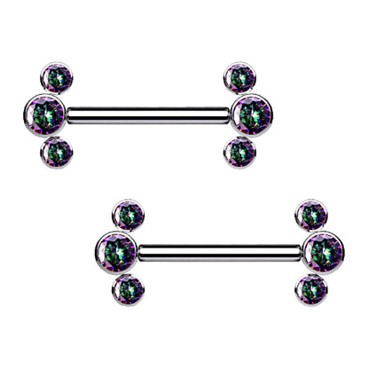 Threadless Push-in Triple CZ Crystal Ends Nipple Barbells - G23 Implant Grade Titanium - Pair