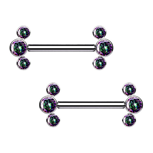 Threadless Push-in Triple CZ Crystal Ends Nipple Barbells - G23 Implant Grade Titanium - Pair