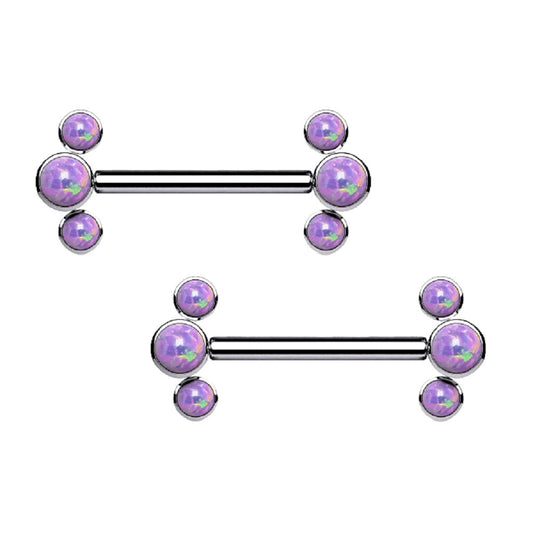 Threadless Push-in Triple Synthetic Opal Nipple Barbells - G23 Implant Grade Titanium - Pair
