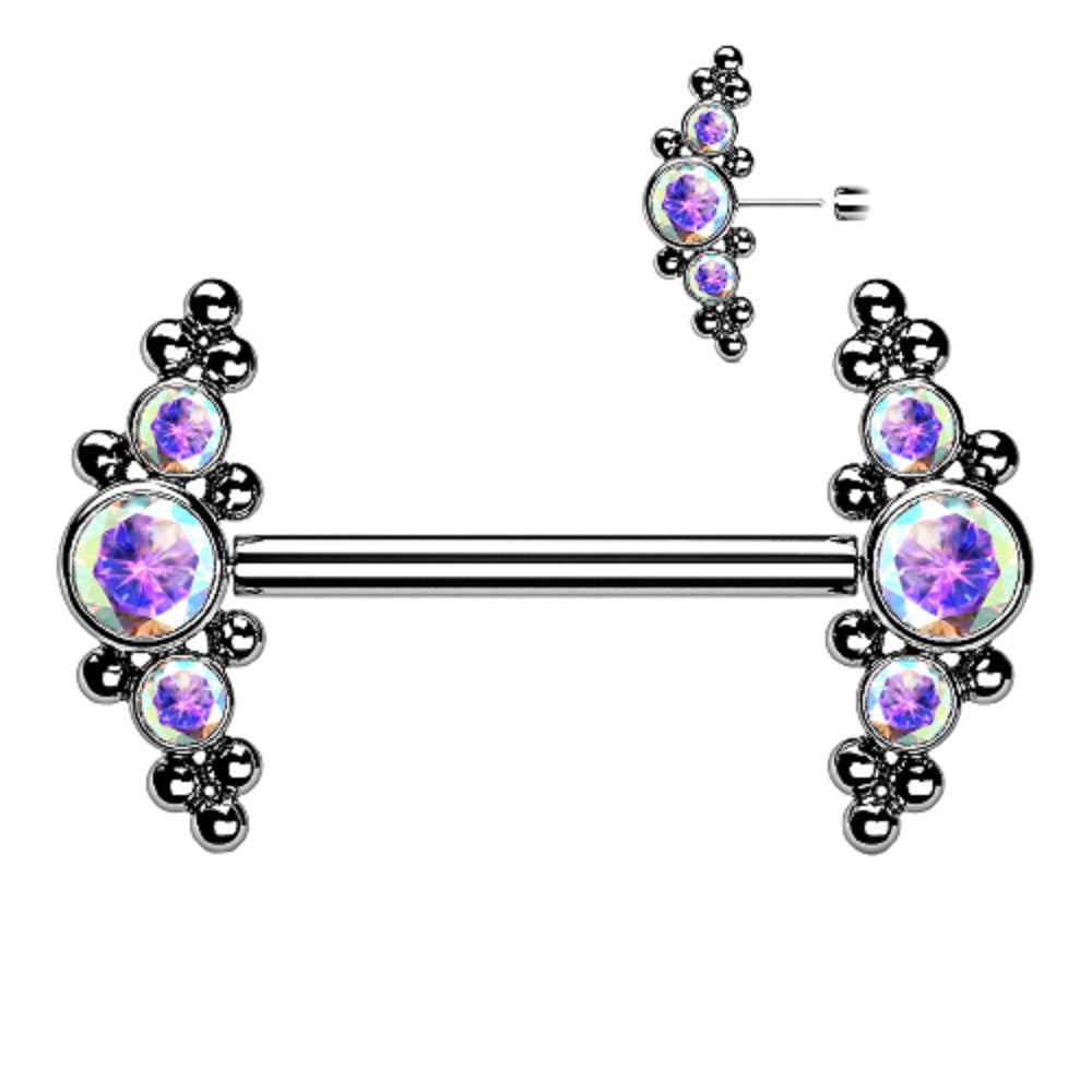 Threadless Push-in Triple CZ Crystal and Ball Clusters Nipple Barbells - G23 Implant Grade Titanium - Pair