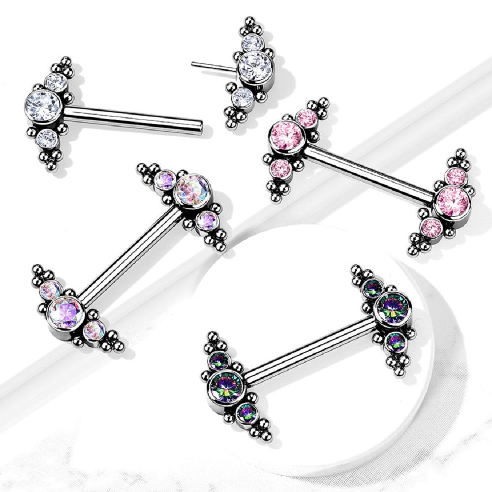 Threadless Push-in Triple CZ Crystal and Ball Clusters Nipple Barbells - G23 Implant Grade Titanium - Pair