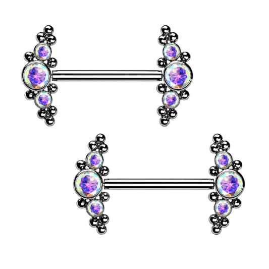 Threadless Push-in Triple CZ Crystal and Ball Clusters Nipple Barbells - G23 Implant Grade Titanium - Pair