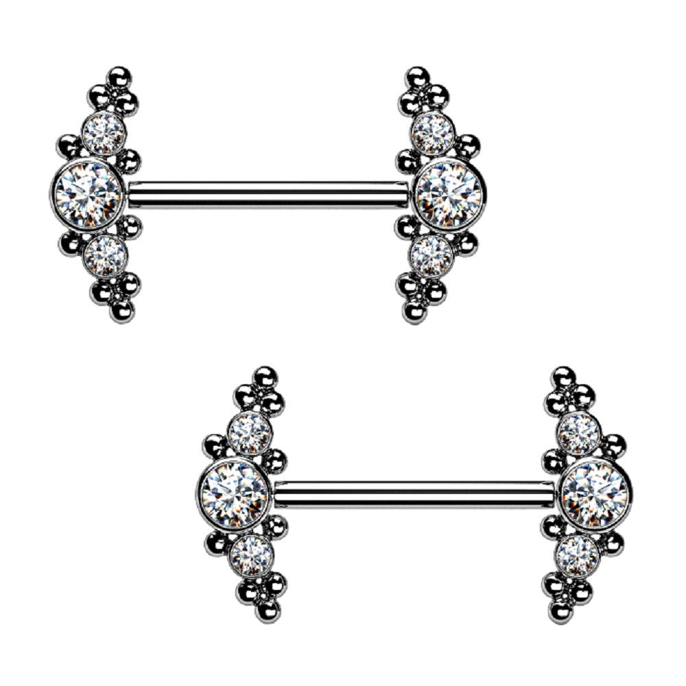 Threadless Push-in Triple CZ Crystal and Ball Clusters Nipple Barbells - G23 Implant Grade Titanium - Pair