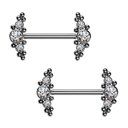 Threadless Push-in Triple CZ Crystal and Ball Clusters Nipple Barbells - G23 Implant Grade Titanium - Pair