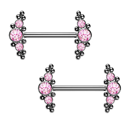 Threadless Push-in Triple CZ Crystal and Ball Clusters Nipple Barbells - G23 Implant Grade Titanium - Pair