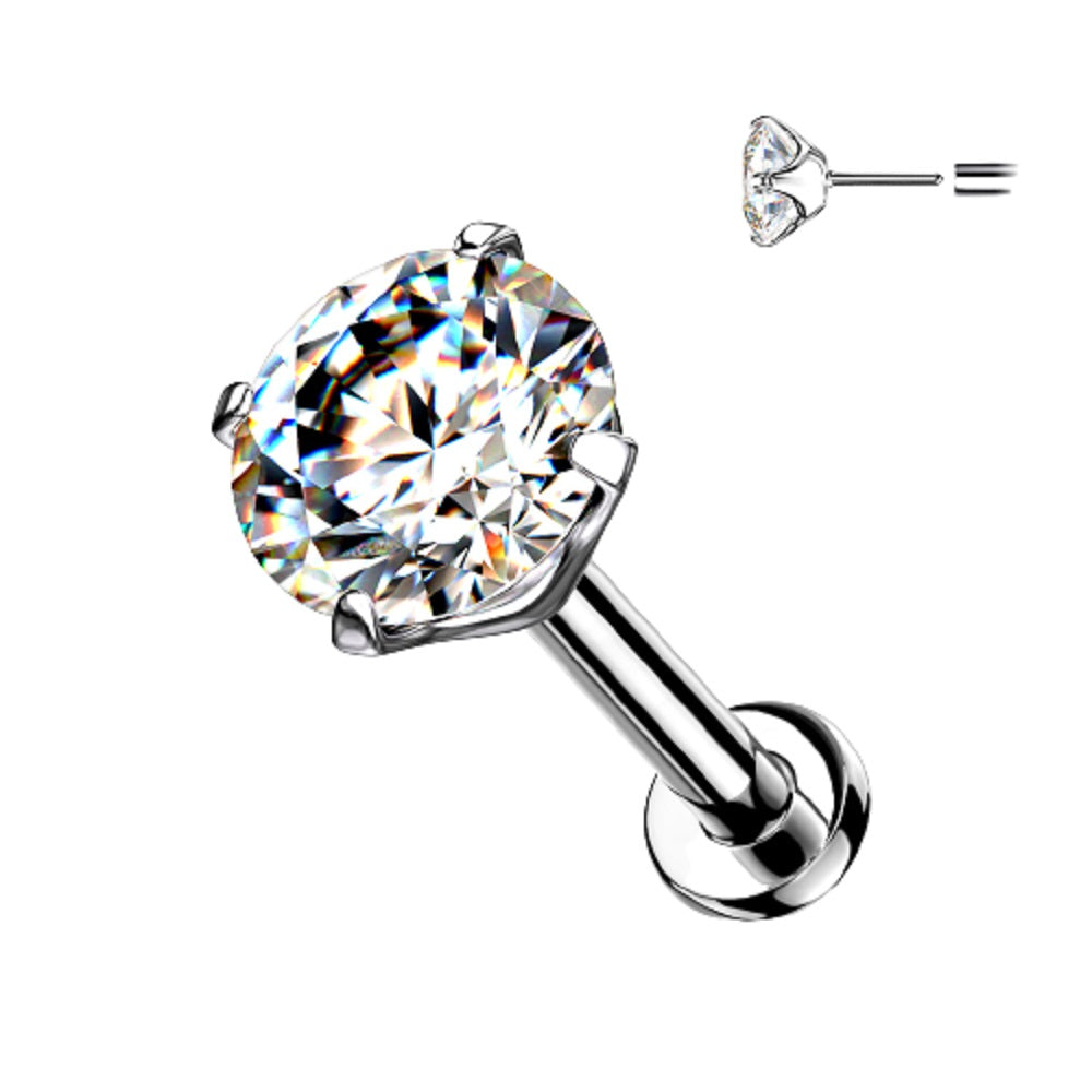 Threadless Push-in Prong Set CZ Crystal Top Flat Back Stud - G23 Implant Grade Titanium