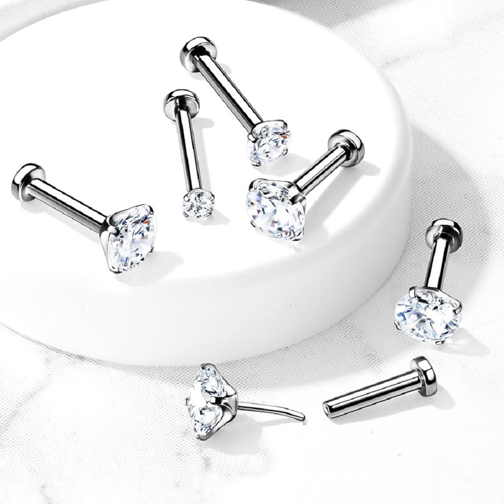 Threadless Push-in Prong Set CZ Crystal Top Flat Back Stud - G23 Implant Grade Titanium