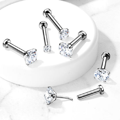 Threadless Push-in Prong Set CZ Crystal Top Flat Back Stud - G23 Implant Grade Titanium