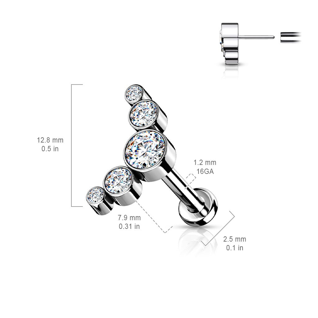 Threadless Push-in 5 CZ Crystal Curve Top Labret Stud - G23 Implant Grade Titanium