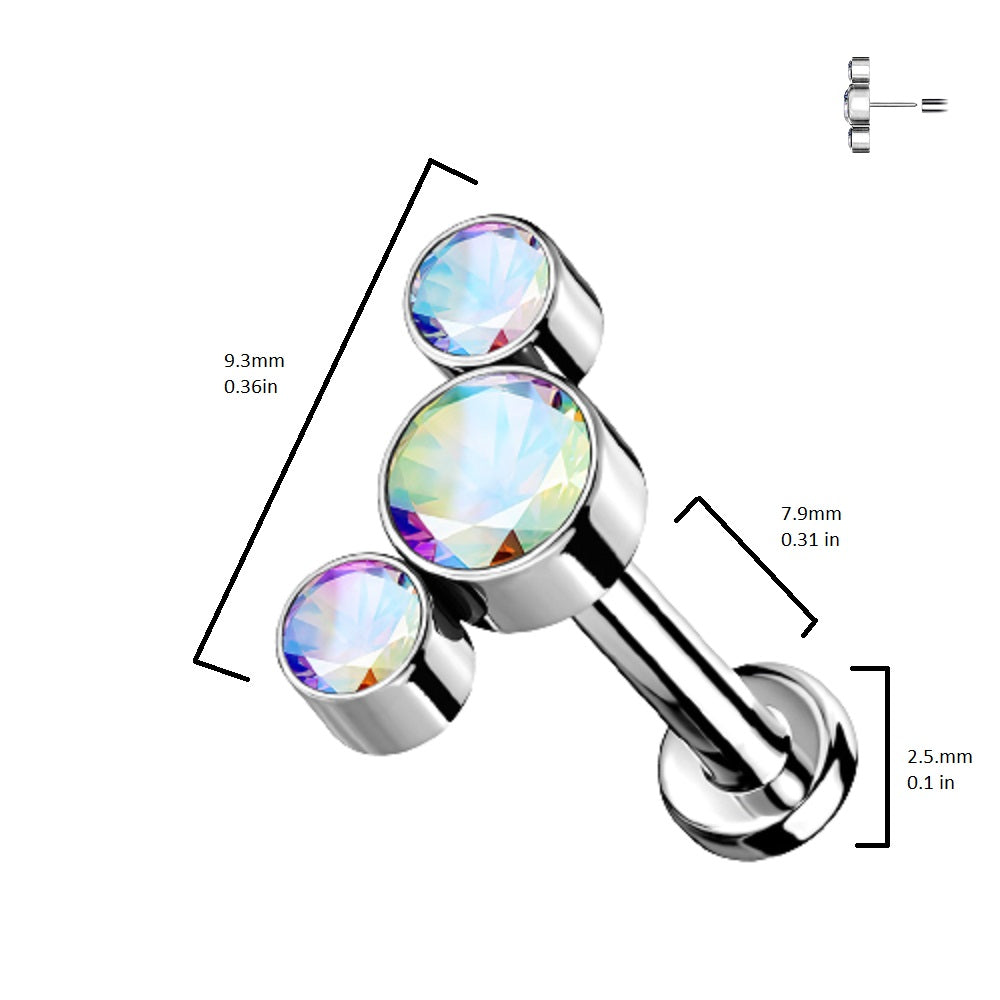 Threadless Push-In Triple Round CZ Crystal Curved Flat Back Stud - G23 Implant Grade Titanium