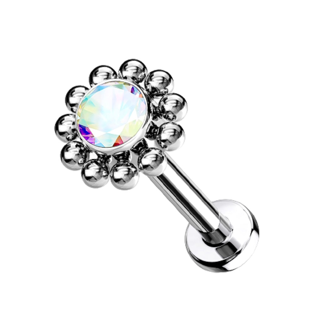 Threadless Push-In CZ Crystal Center Flower with Beaded Edge Flat Back Stud - G23 Implant Grade Titanium