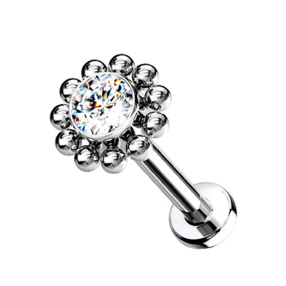 Threadless Push-In CZ Crystal Center Flower with Beaded Edge Flat Back Stud - G23 Implant Grade Titanium