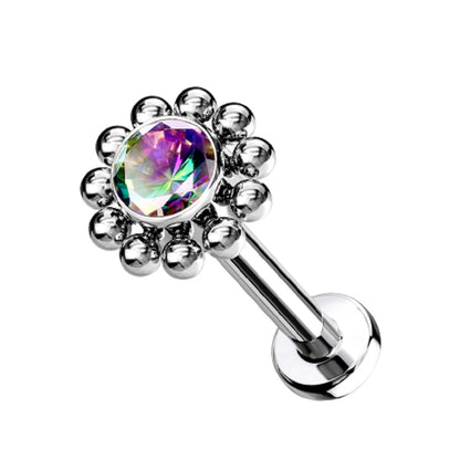 Threadless Push-In CZ Crystal Center Flower with Beaded Edge Flat Back Stud - G23 Implant Grade Titanium