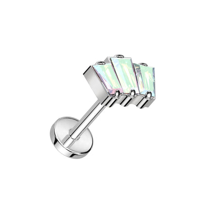 Triple CZ Crystal Baguette Threadless Push-In Labret Stud - F136 Implant Grade Titanium