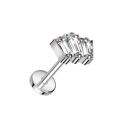 Triple CZ Crystal Baguette Threadless Push-In Labret Stud - F136 Implant Grade Titanium