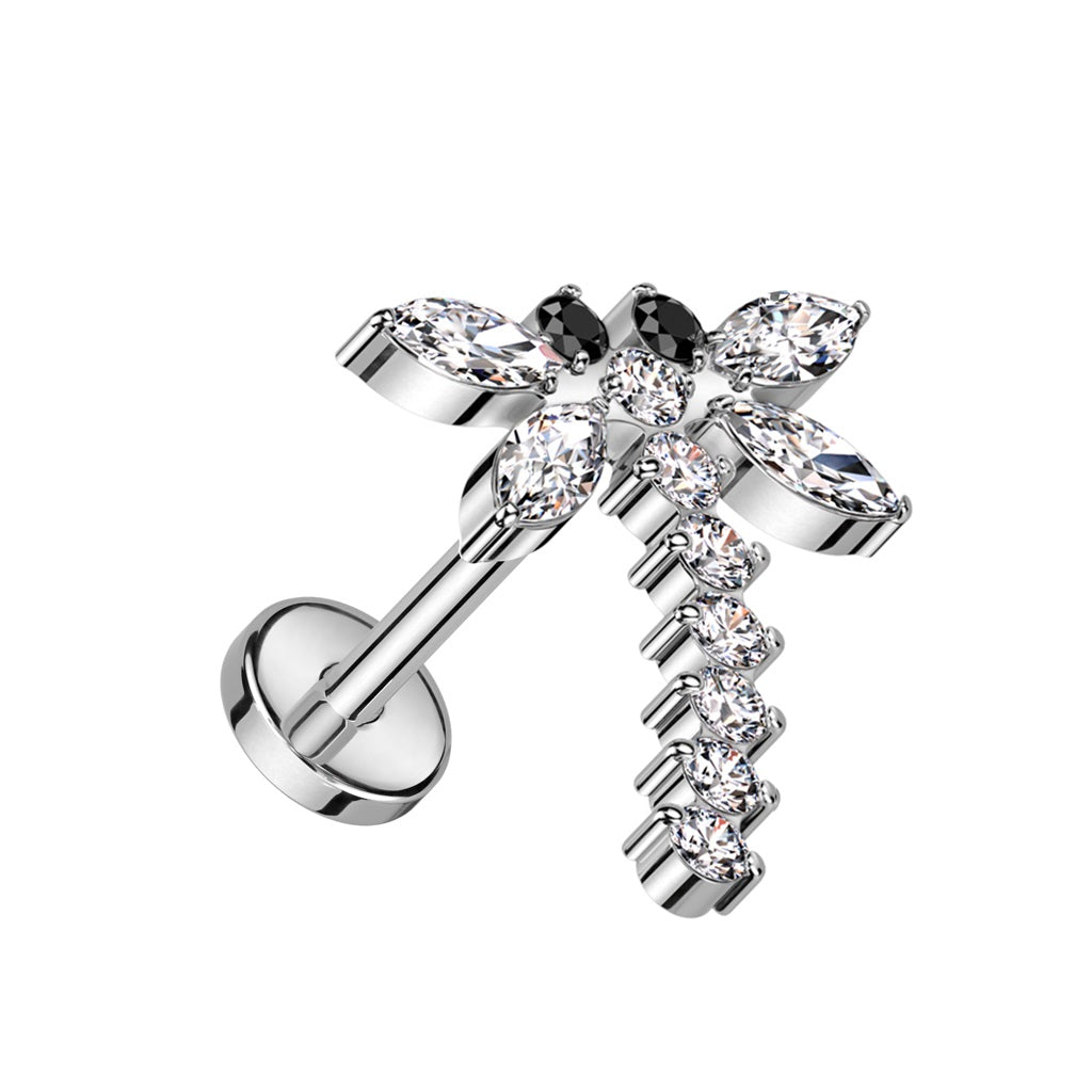 CZ Crystal Dragonfly Top Threadless Push-In Labret Stud - F136 Implant Grade Titanium