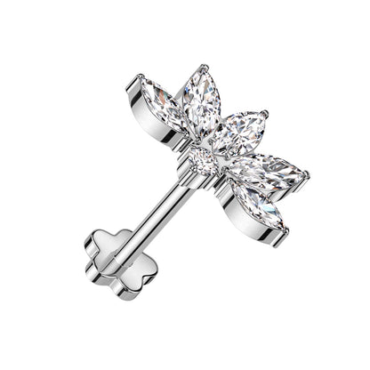 CZ Crystal Lotus Flower Marquise Threadless Push-In Flower Base Labret Stud - F136 Implant Grade Titanium