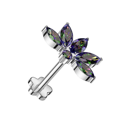 CZ Crystal Lotus Flower Marquise Threadless Push-In Flower Base Labret Stud - F136 Implant Grade Titanium