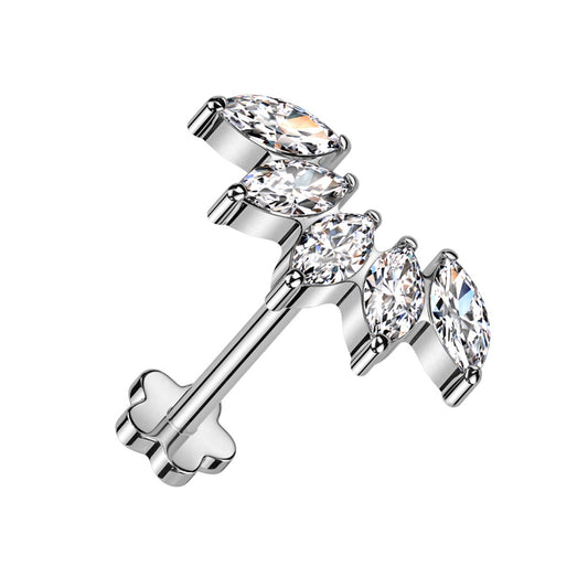 Multi CZ Crystal Marquise Fan Threadless Push-In Flower Base Labret Stud - F136 Implant Grade Titanium